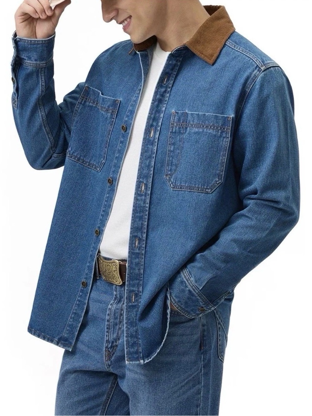 Frye Denim Shirt Jacket Men XL Blue Jean Corduroy Collar Button Front Cowboy